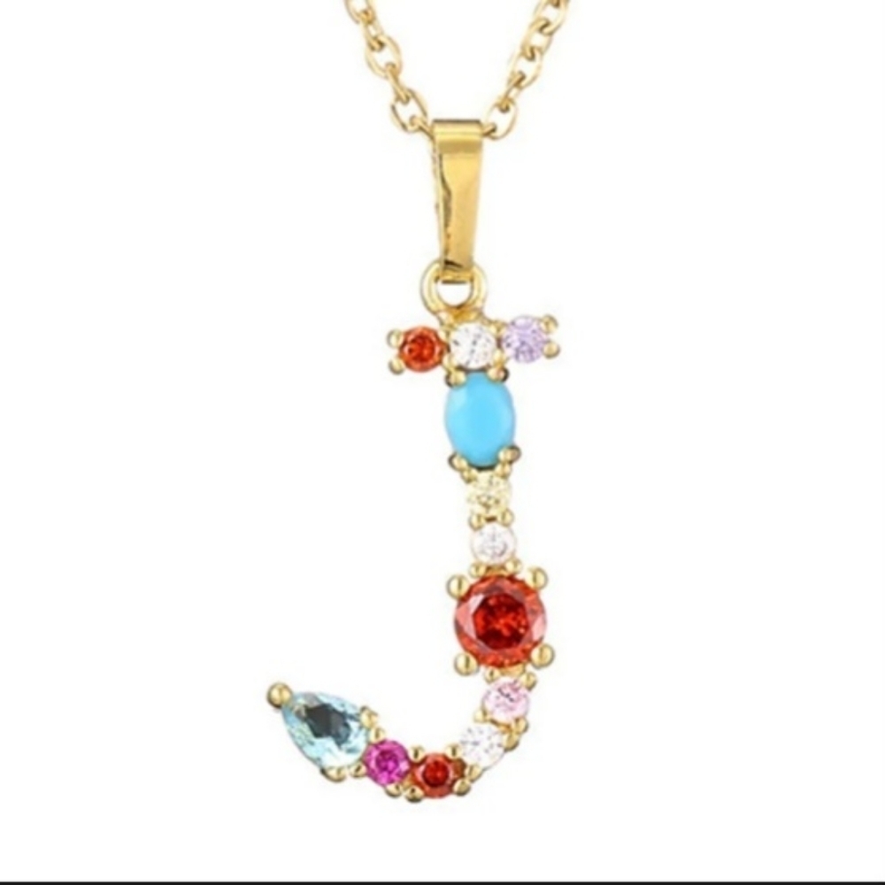 J Letter Pendant Necklace Rhinestones Gold Tone Chain